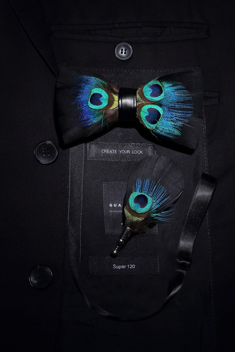 RBOCOTT Mens Handmade Feather Pre-tied Bow tie and Brooch Sets (peacock blue/black) - Image 5